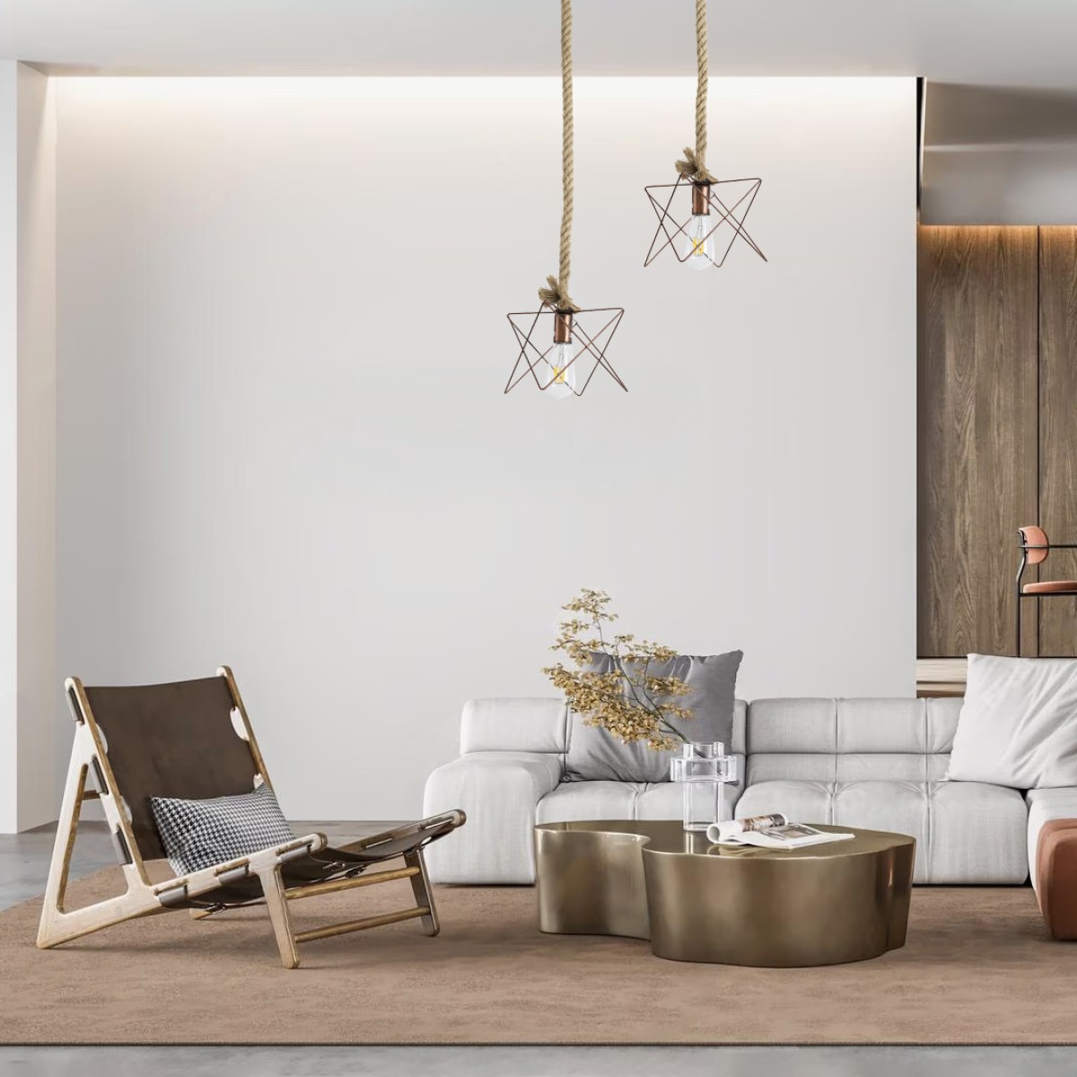 GloboStar® KAZEMI 02019 Μοντέρνο Κρεμαστό Φωτιστικό Πλέγμα Μονόφωτο 1 x E27 IP20 Χάλκινο Μέταλλο με Μπεζ Σχοινί - Μ18 x Π18 x Υ17cm