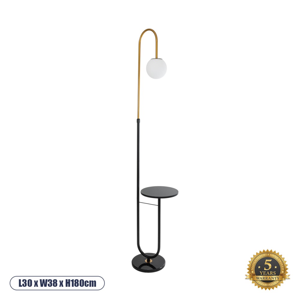GloboStar® CORDELIA 02024 Μοντέρνο Επιδαπέδιο Φωτιστικό Μονόφωτο 1 x E27 IP20 Μαύρο & Χρυσό Αλουμίνιο, Λευκό Γυαλί με Μαύρο Μάρμαρο - Μ30 x Π38 x Υ180cm