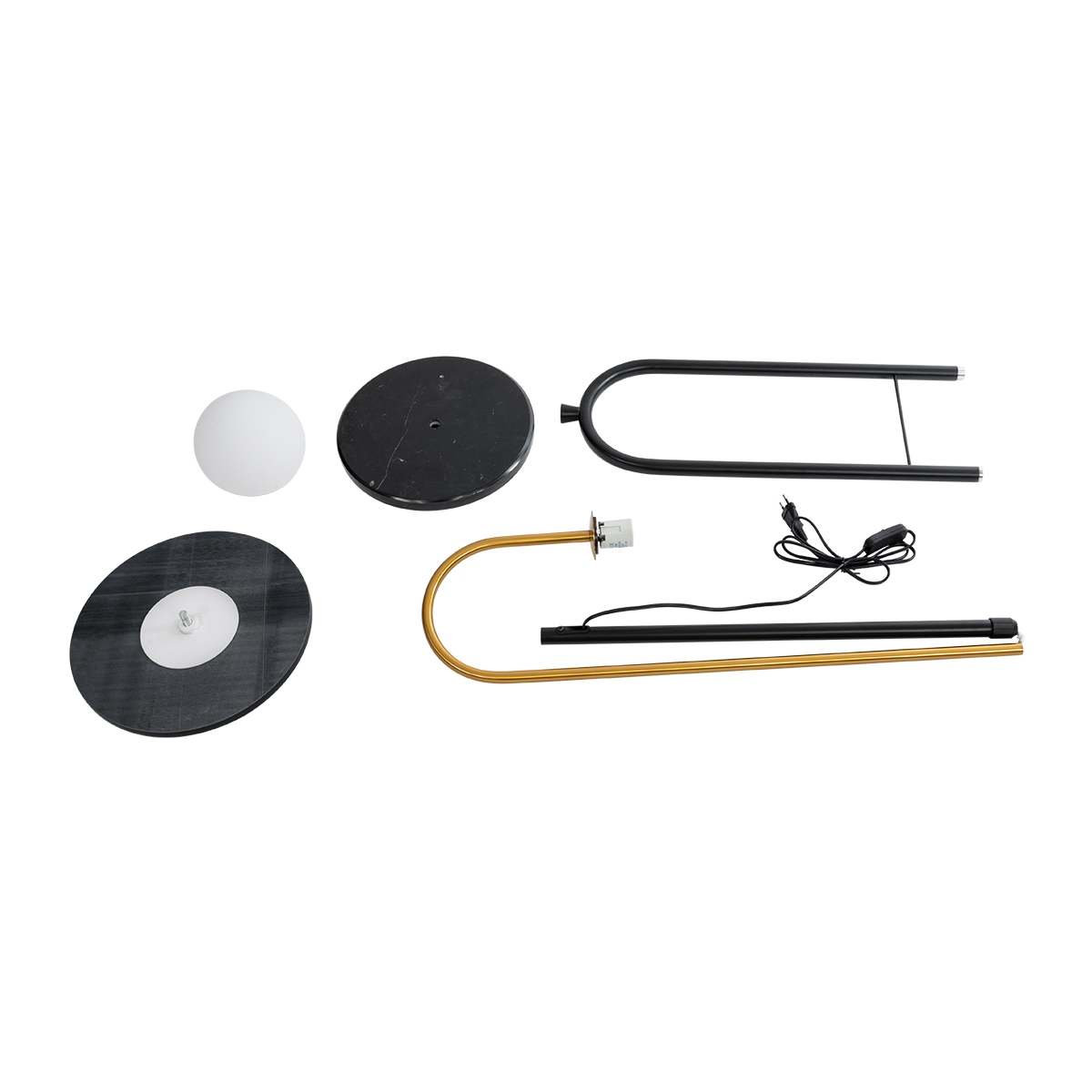 GloboStar® CORDELIA 02024 Μοντέρνο Επιδαπέδιο Φωτιστικό Μονόφωτο 1 x E27 IP20 Μαύρο & Χρυσό Αλουμίνιο, Λευκό Γυαλί με Μαύρο Μάρμαρο - Μ30 x Π38 x Υ180cm