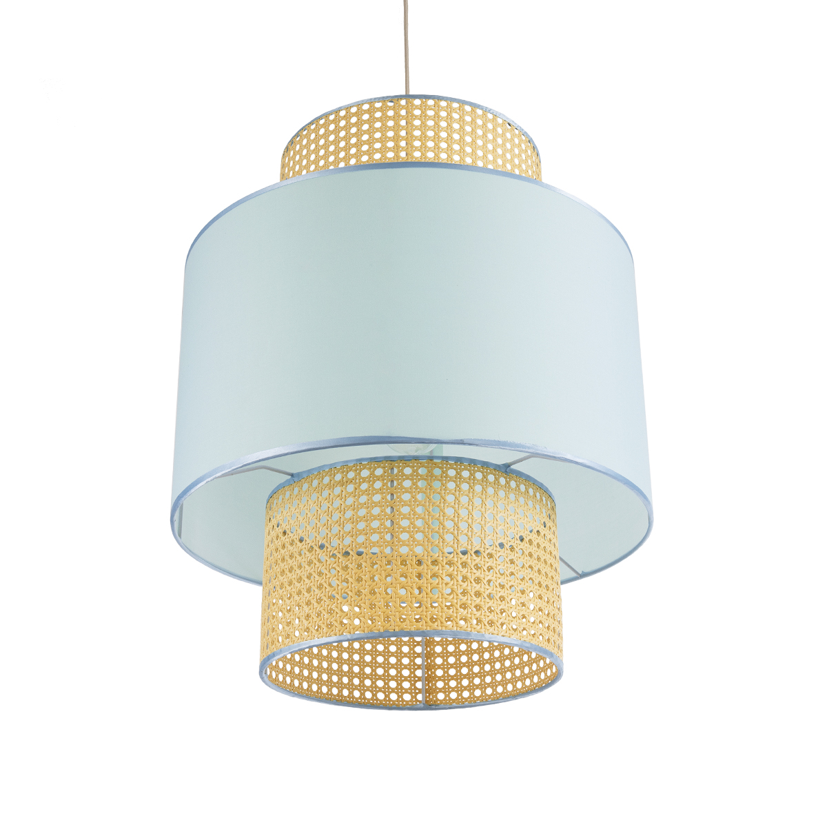 GloboStar® SAIGE 02045 Boho Κρεμαστό Φωτιστικό Πλέγμα Μονόφωτο 1 x E27 IP20 Μπεζ Ξύλο με Γαλάζιο Ύφασμα - Μ50 x Π50 x Υ60cm