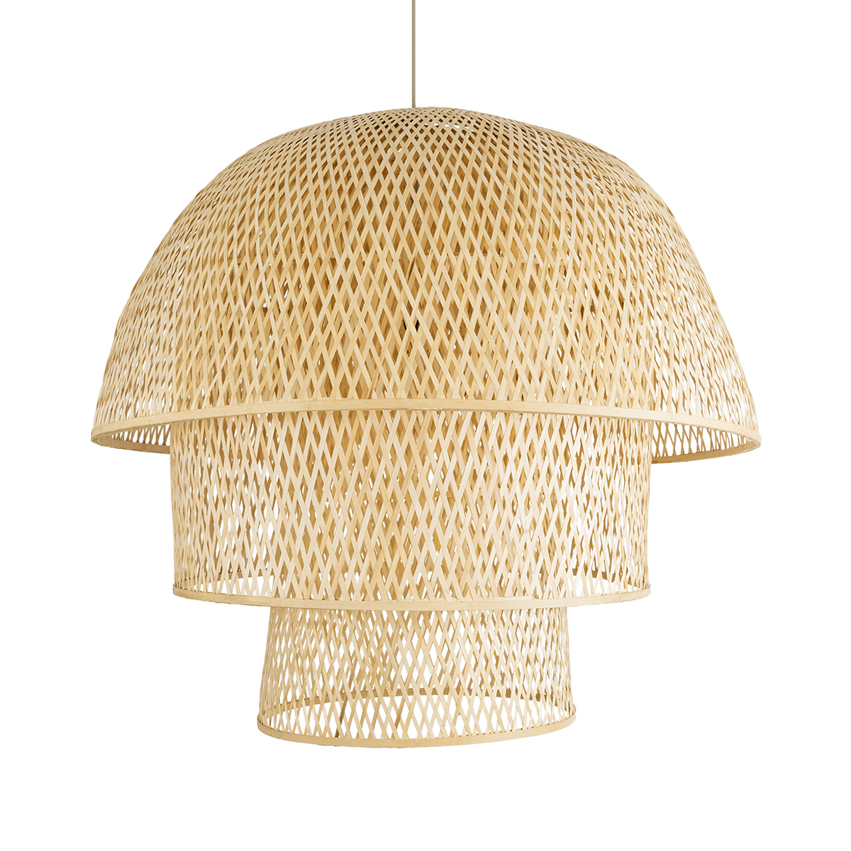 GloboStar® HIROKA 02046 Boho Κρεμαστό Φωτιστικό Καμπάνα Μονόφωτο 1 x E27 IP20 Μπεζ Ξύλο - Μ100 x Π100 x Υ110cm