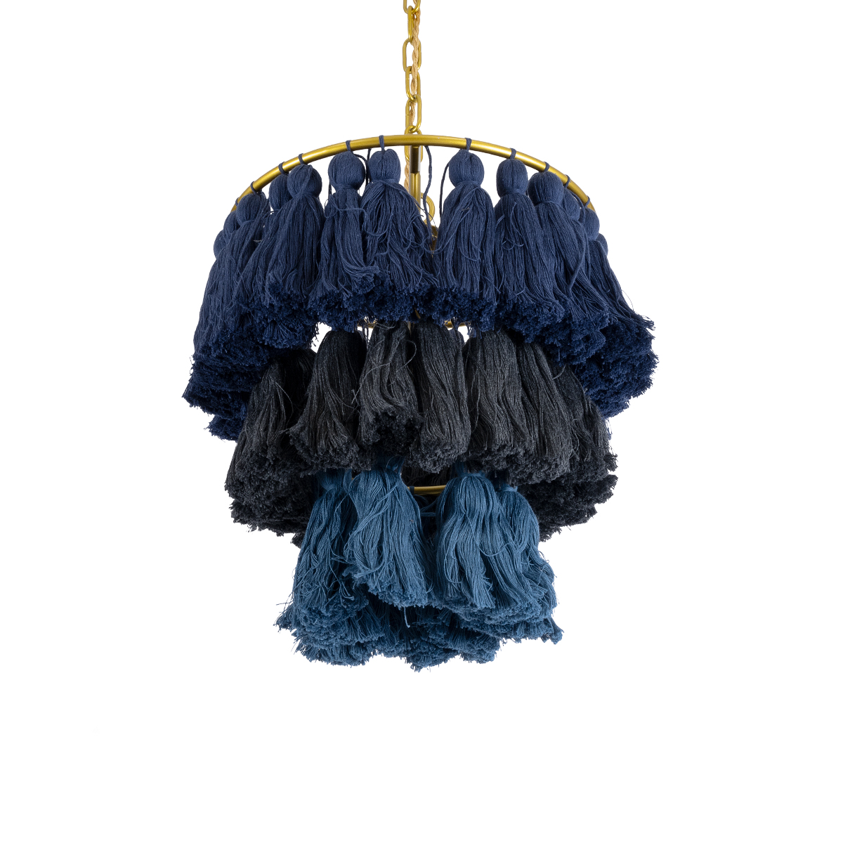 GloboStar® MISSOULA 02085 Boho Κρεμαστό Φωτιστικό Σχοινί Μονόφωτο 1 x E27 IP20 Μπλε & Μαύρο Ύφασμα με Χρυσό Μέταλλο - Μ30 x Π30 x Υ40cm
