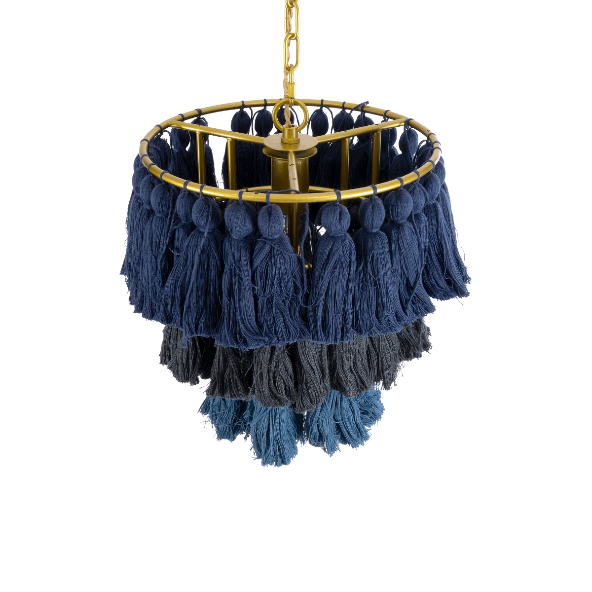GloboStar® MISSOULA 02085 Boho Κρεμαστό Φωτιστικό Σχοινί Μονόφωτο 1 x E27 IP20 Μπλε & Μαύρο Ύφασμα με Χρυσό Μέταλλο - Μ30 x Π30 x Υ40cm