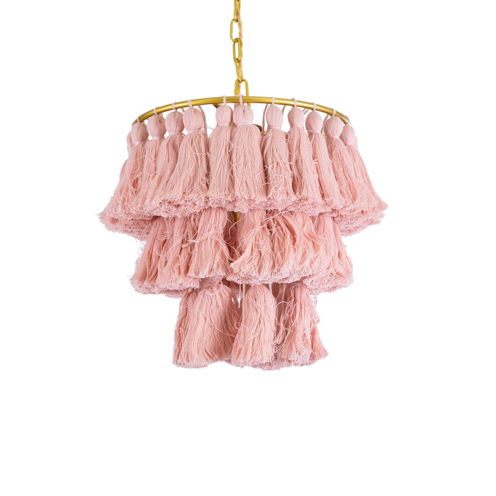GloboStar® MISSOULA 02086 Boho Κρεμαστό Φωτιστικό Σχοινί Μονόφωτο 1 x E27 IP20 Ροζ Ύφασμα με Χρυσό Μέταλλο - Μ30 x Π30 x Υ40cm