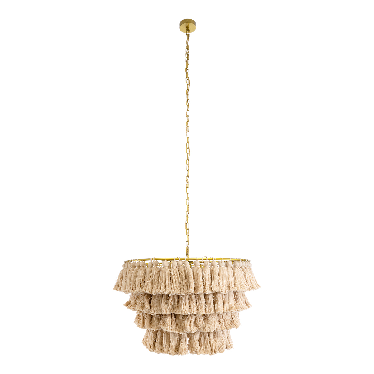 GloboStar® MISSOULA 02088 Boho Κρεμαστό Φωτιστικό Σχοινί Μονόφωτο 1 x E27 IP20 Μπεζ Ύφασμα με Χρυσό Μέταλλο - Μ60 x Π60 x Υ40cm
