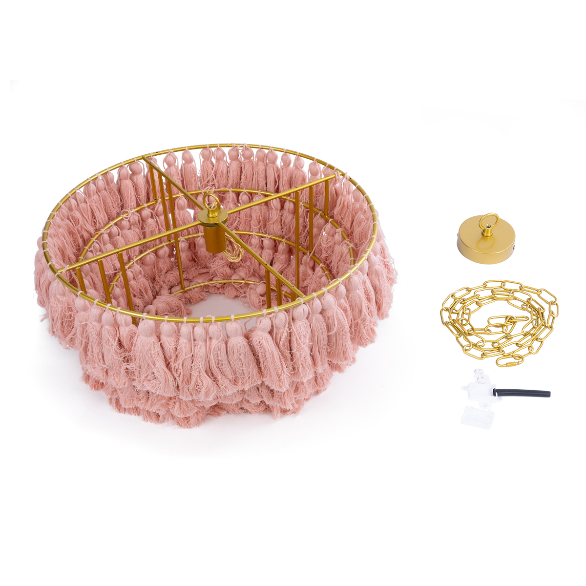 GloboStar® MISSOULA 02090 Boho Κρεμαστό Φωτιστικό Σχοινί Μονόφωτο 1 x E27 IP20 Ροζ Ύφασμα με Χρυσό Μέταλλο - Μ60 x Π60 x Υ40cm