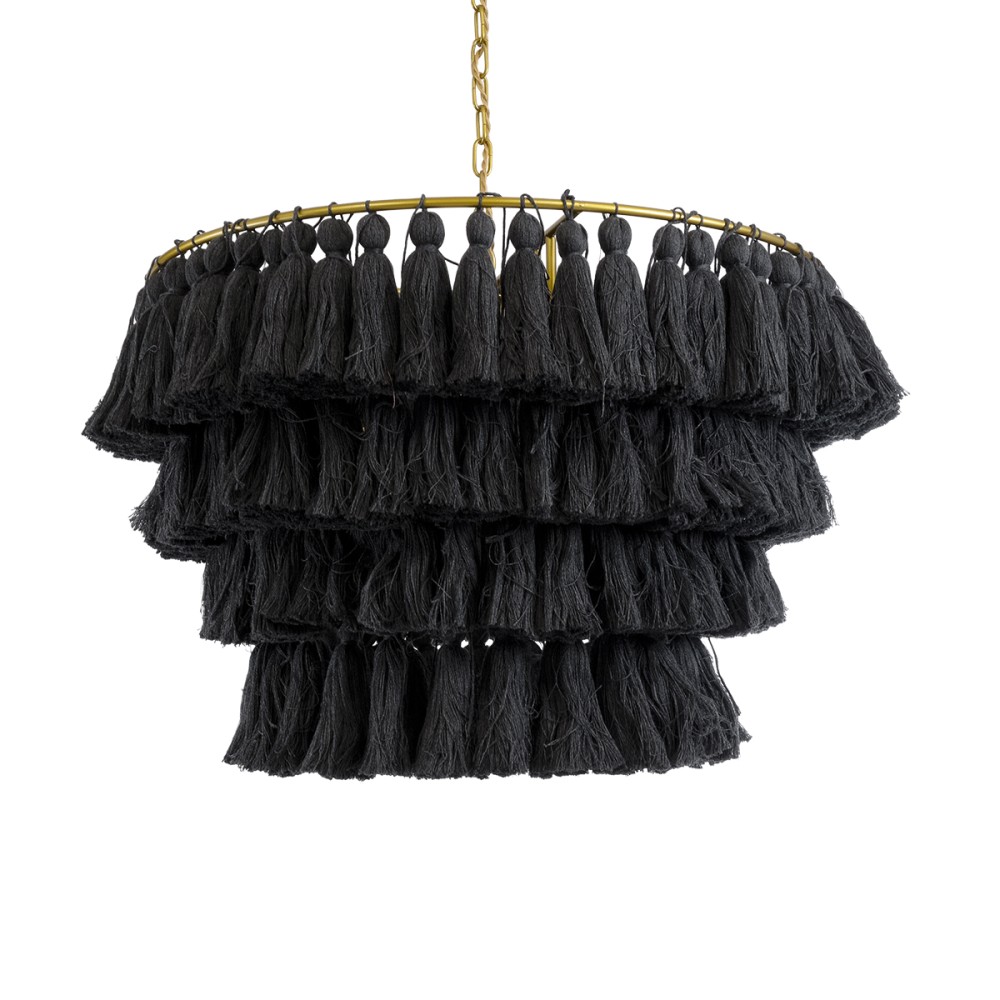 GloboStar® MISSOULA 02091 Boho Κρεμαστό Φωτιστικό Σχοινί Μονόφωτο 1 x E27 IP20 Μαύρο Ύφασμα με Χρυσό Μέταλλο - Μ60 x Π60 x Υ40cm
