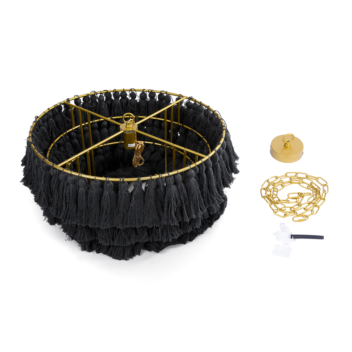 GloboStar® MISSOULA 02091 Boho Κρεμαστό Φωτιστικό Σχοινί Μονόφωτο 1 x E27 IP20 Μαύρο Ύφασμα με Χρυσό Μέταλλο - Μ60 x Π60 x Υ40cm