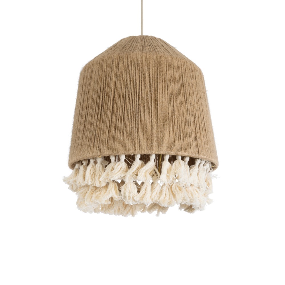 GloboStar® PUERTORICO 02092 Boho Κρεμαστό Φωτιστικό Καμπάνα Μονόφωτο 1 x E27 IP20 Μπεζ & Λευκό Σχοινί - Μ40 x Π40 x Υ45cm