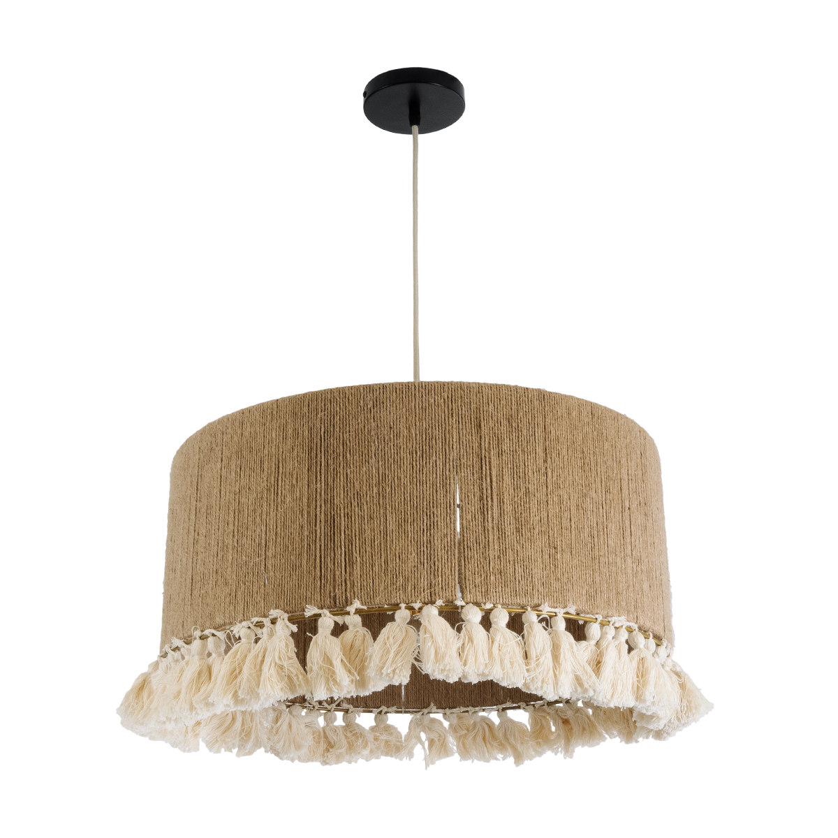 GloboStar® PUERTORICO 02094 Boho Κρεμαστό Φωτιστικό Καπέλο Μονόφωτο 1 x E27 IP20 Μπεζ & Λευκό Σχοινί - Μ50 x Π50 x Υ27cm