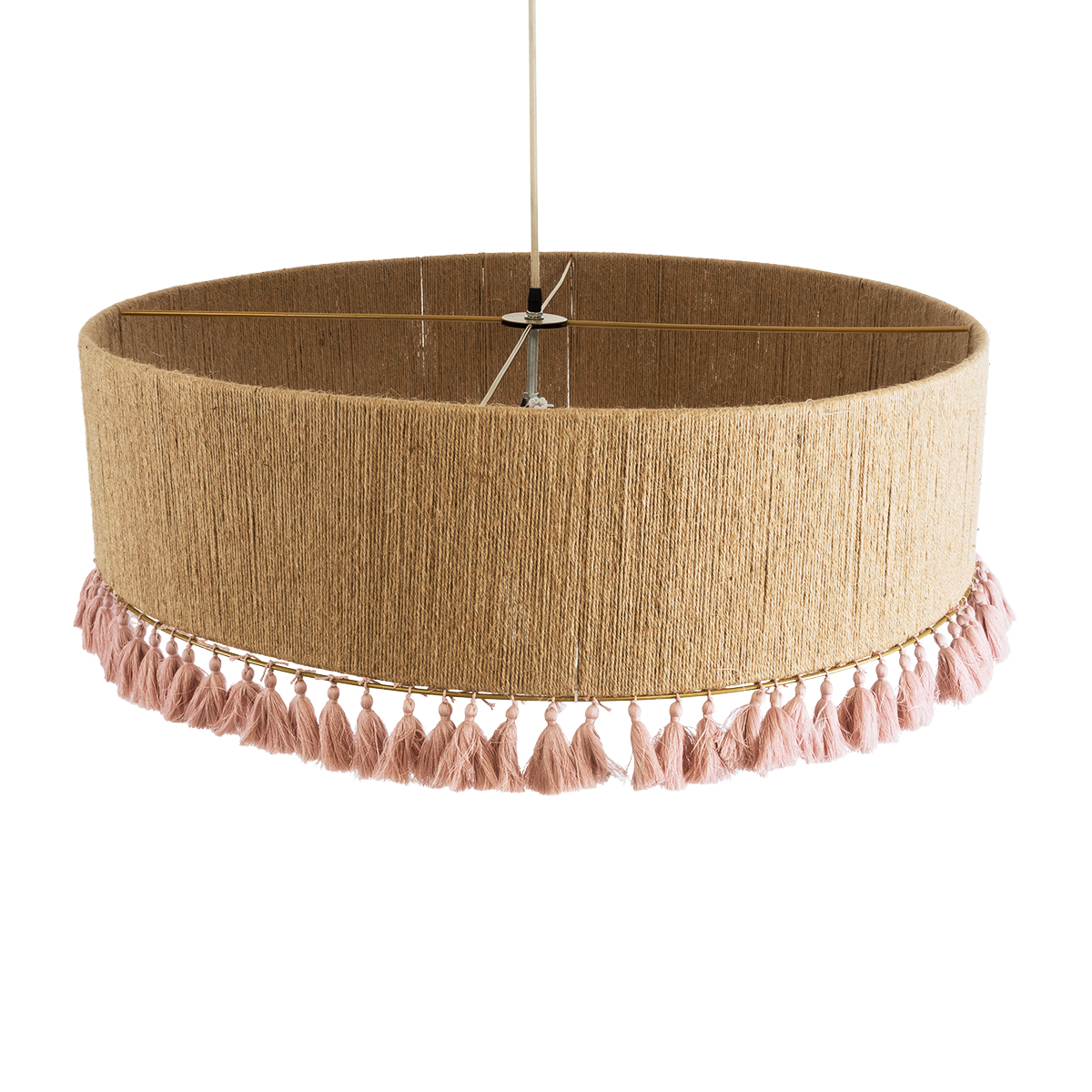 GloboStar® PUERTORICO 02097 Boho Κρεμαστό Φωτιστικό Καπέλο Τρίφωτο 3 x E27 IP20 Μπεζ & Ροζ Σχοινί - Μ80 x Π80 x Υ27cm