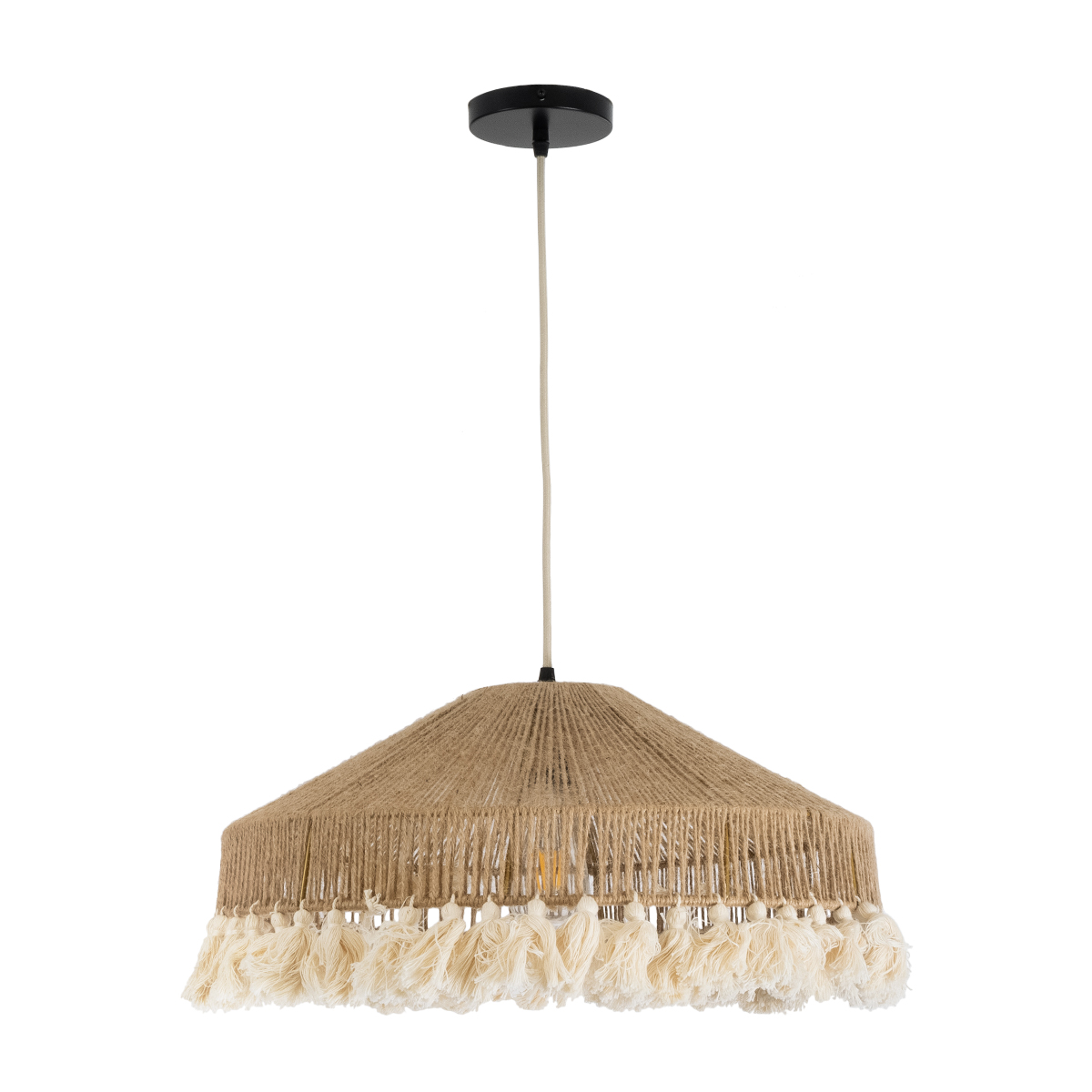 GloboStar® PUERTORICO 02098 Boho Κρεμαστό Φωτιστικό Καμπάνα Μονόφωτο 1 x E27 IP20 Μπεζ & Λευκό Σχοινί - Μ50 x Π50 x Υ25cm