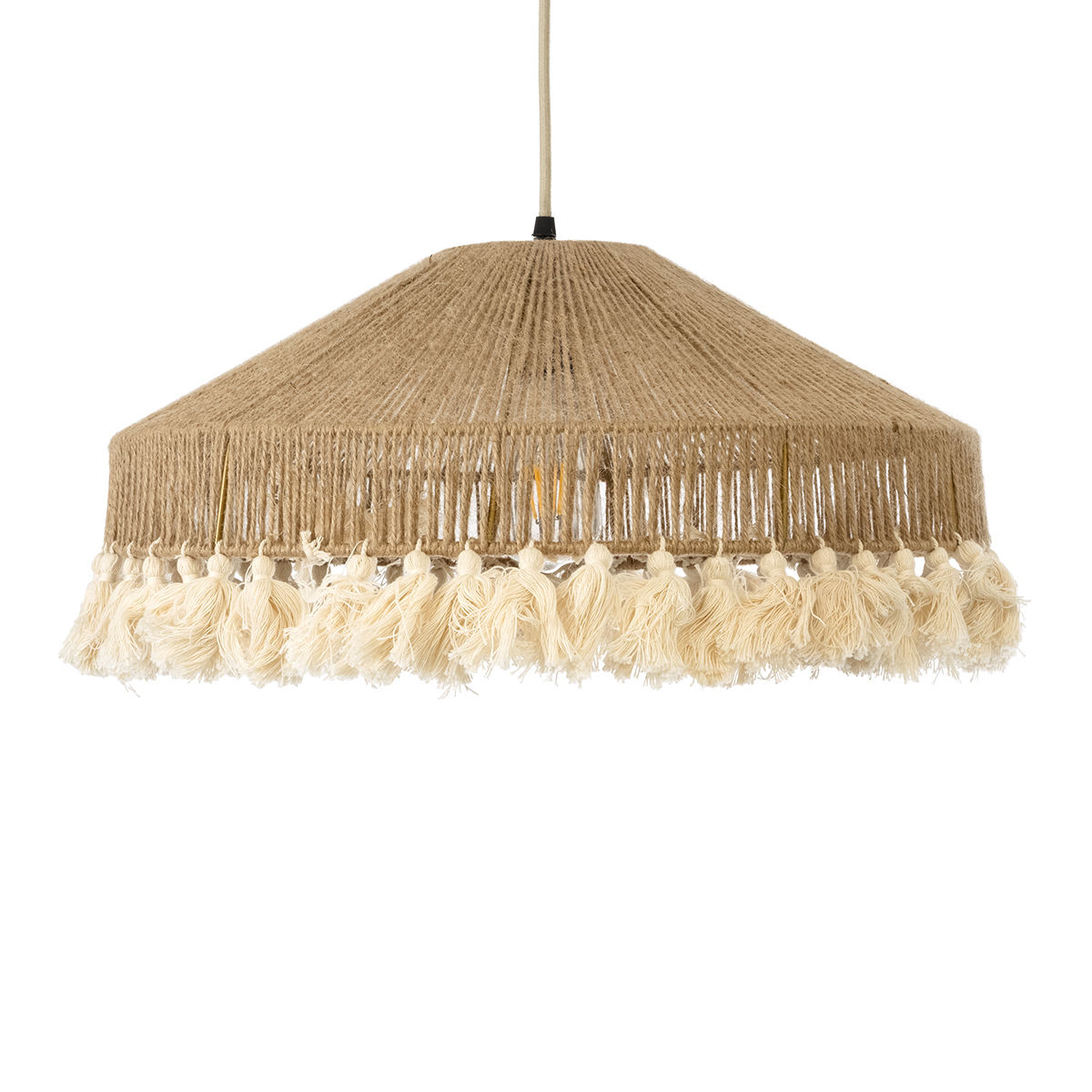 GloboStar® PUERTORICO 02098 Boho Κρεμαστό Φωτιστικό Καμπάνα Μονόφωτο 1 x E27 IP20 Μπεζ & Λευκό Σχοινί - Μ50 x Π50 x Υ25cm