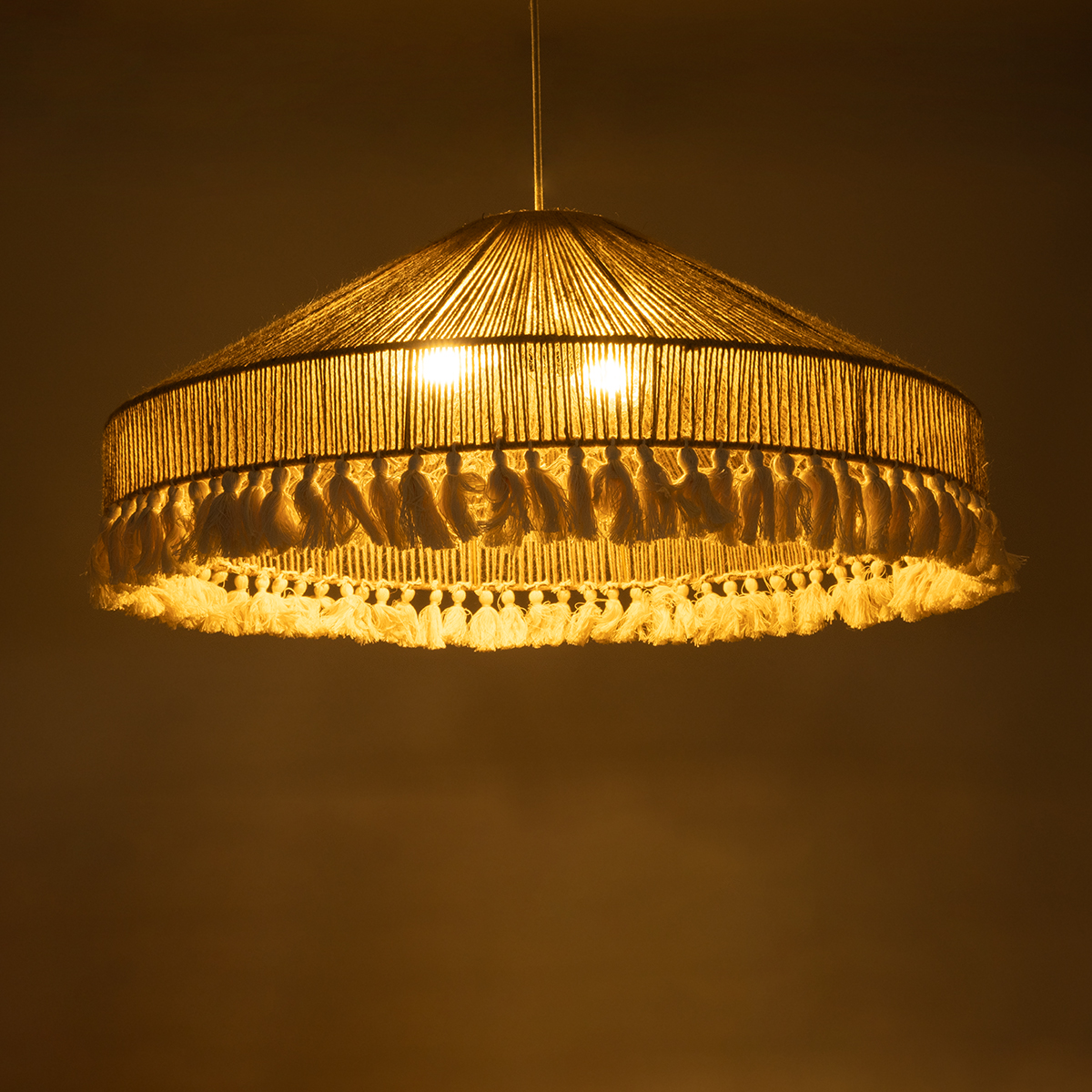 GloboStar® PUERTORICO 02099 Boho Κρεμαστό Φωτιστικό Καμπάνα Τριφωτο 3 x E27 IP20 Μπεζ & Λευκό Σχοινί - Μ80 x Π80 x Υ35cm
