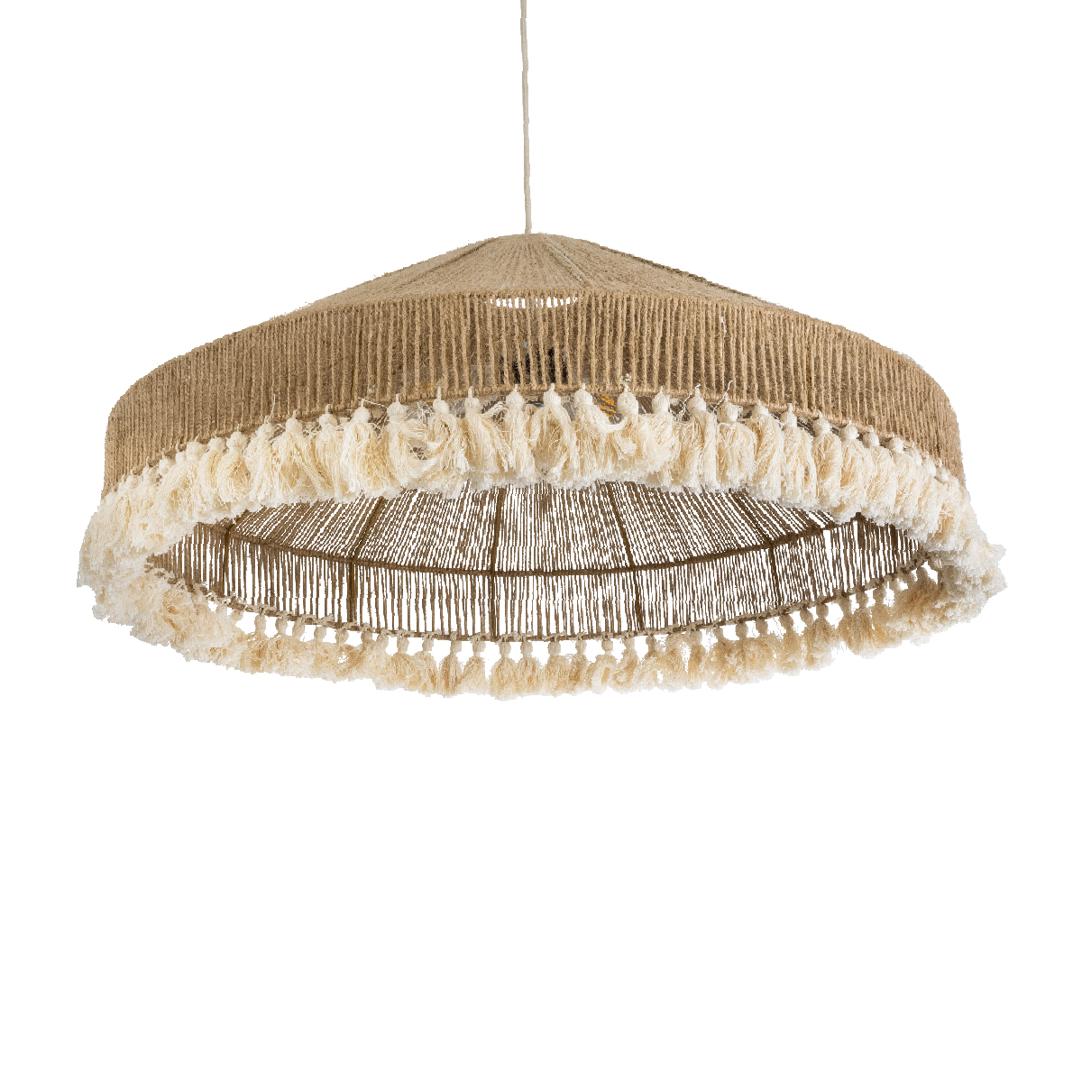 GloboStar® PUERTORICO 02099 Boho Κρεμαστό Φωτιστικό Καμπάνα Τριφωτο 3 x E27 IP20 Μπεζ & Λευκό Σχοινί - Μ80 x Π80 x Υ35cm