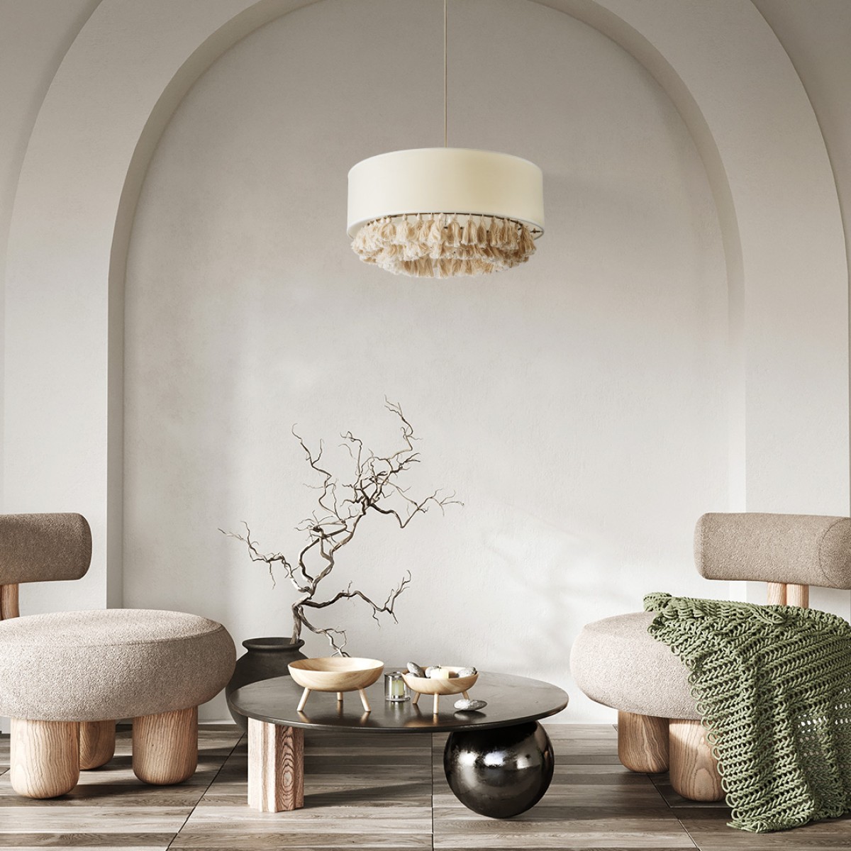 GloboStar® GINGER 02100 Boho Κρεμαστό Φωτιστικό Καπέλο Μονόφωτο 1 x E27 IP20 Μπεζ Ύφασμα με Μπεζ Σχοινί - Μ50 x Π50 x Υ25cm