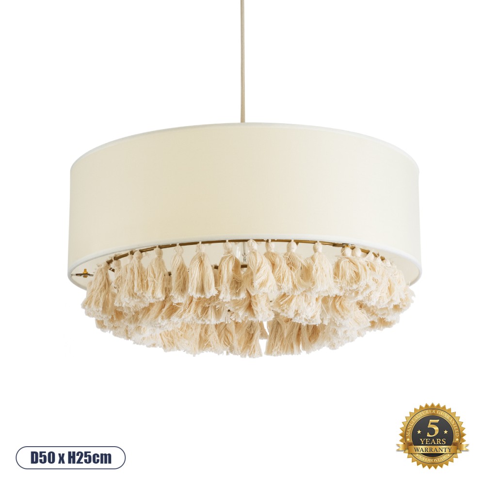 GloboStar® GINGER 02100 Boho Κρεμαστό Φωτιστικό Καπέλο Μονόφωτο 1 x E27 IP20 Μπεζ Ύφασμα με Μπεζ Σχοινί - Μ50 x Π50 x Υ25cm