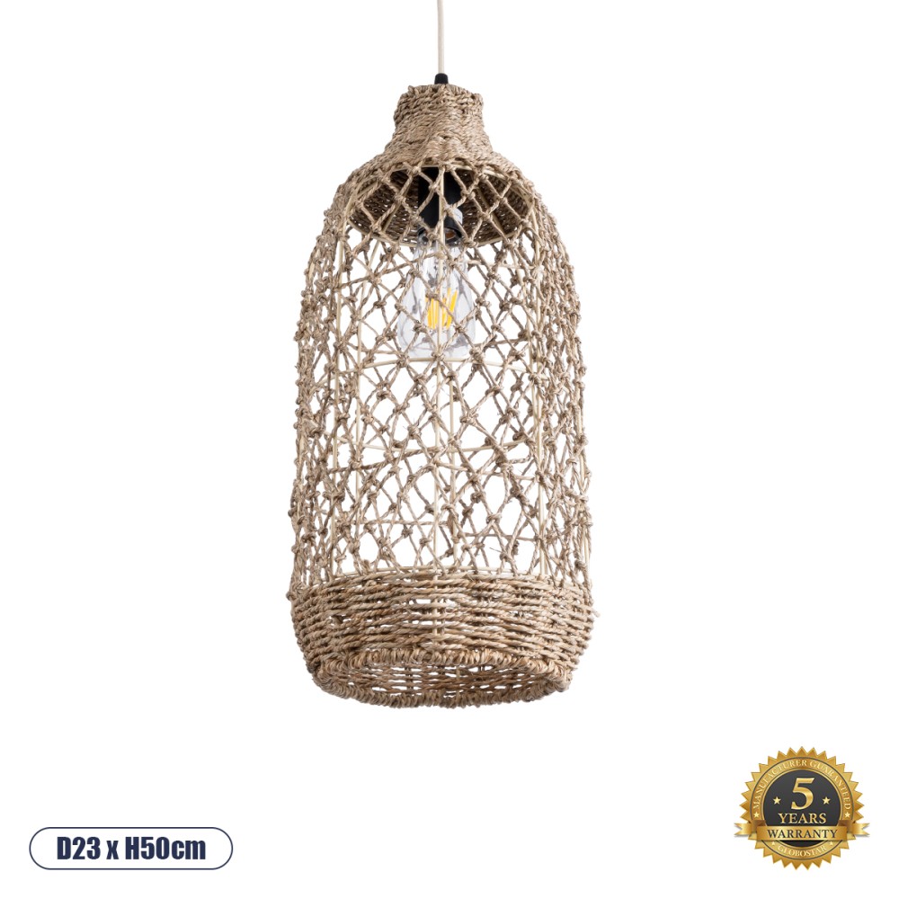 GloboStar® ECUADOR 02116 Boho Κρεμαστό Φωτιστικό Πλέγμα Μονόφωτο 1 x E27 IP20 Μπεζ Rattan - Μ23 x Π23 x Υ50cm