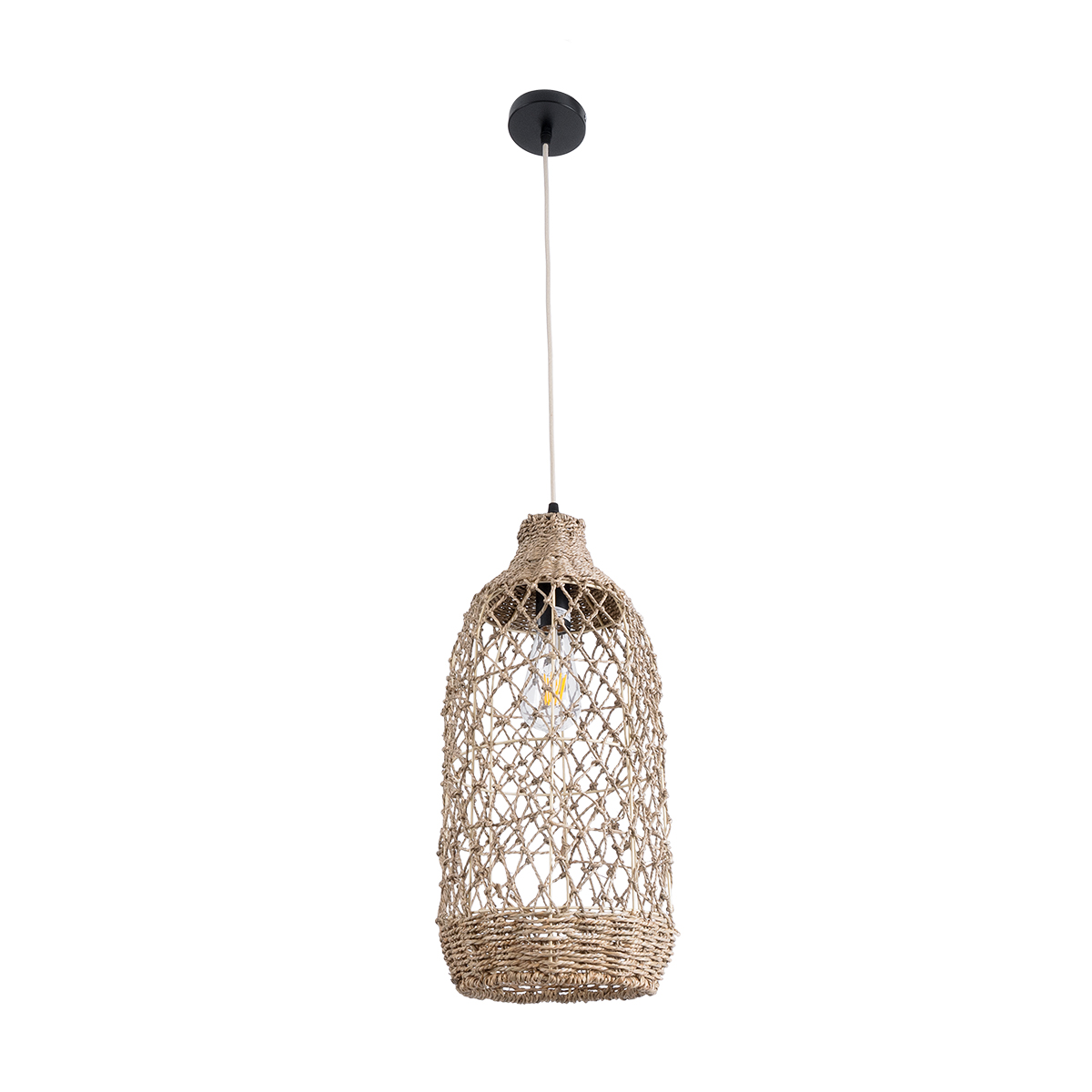 GloboStar® ECUADOR 02116 Boho Κρεμαστό Φωτιστικό Πλέγμα Μονόφωτο 1 x E27 IP20 Μπεζ Rattan - Μ23 x Π23 x Υ50cm