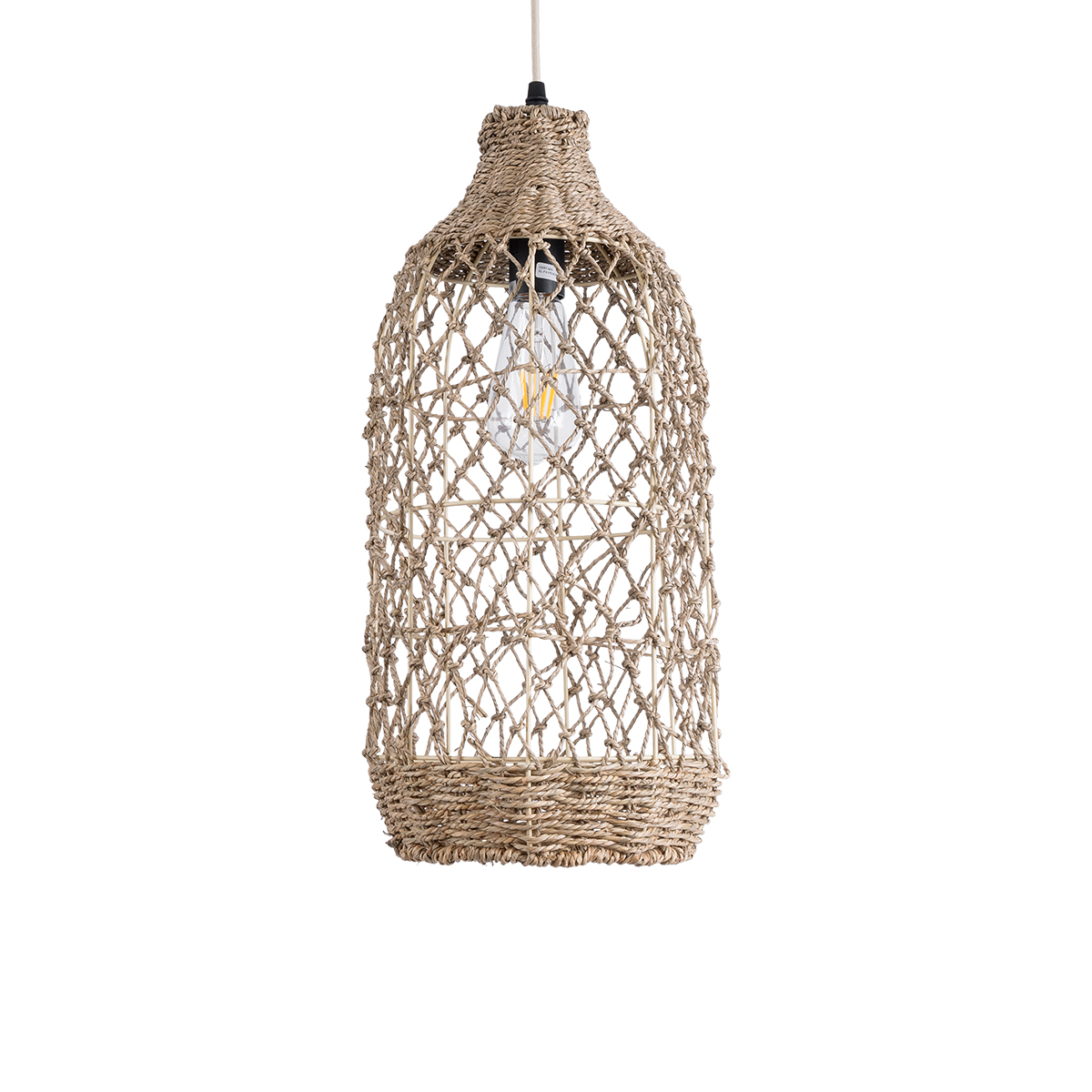 GloboStar® ECUADOR 02116 Boho Κρεμαστό Φωτιστικό Πλέγμα Μονόφωτο 1 x E27 IP20 Μπεζ Rattan - Μ23 x Π23 x Υ50cm