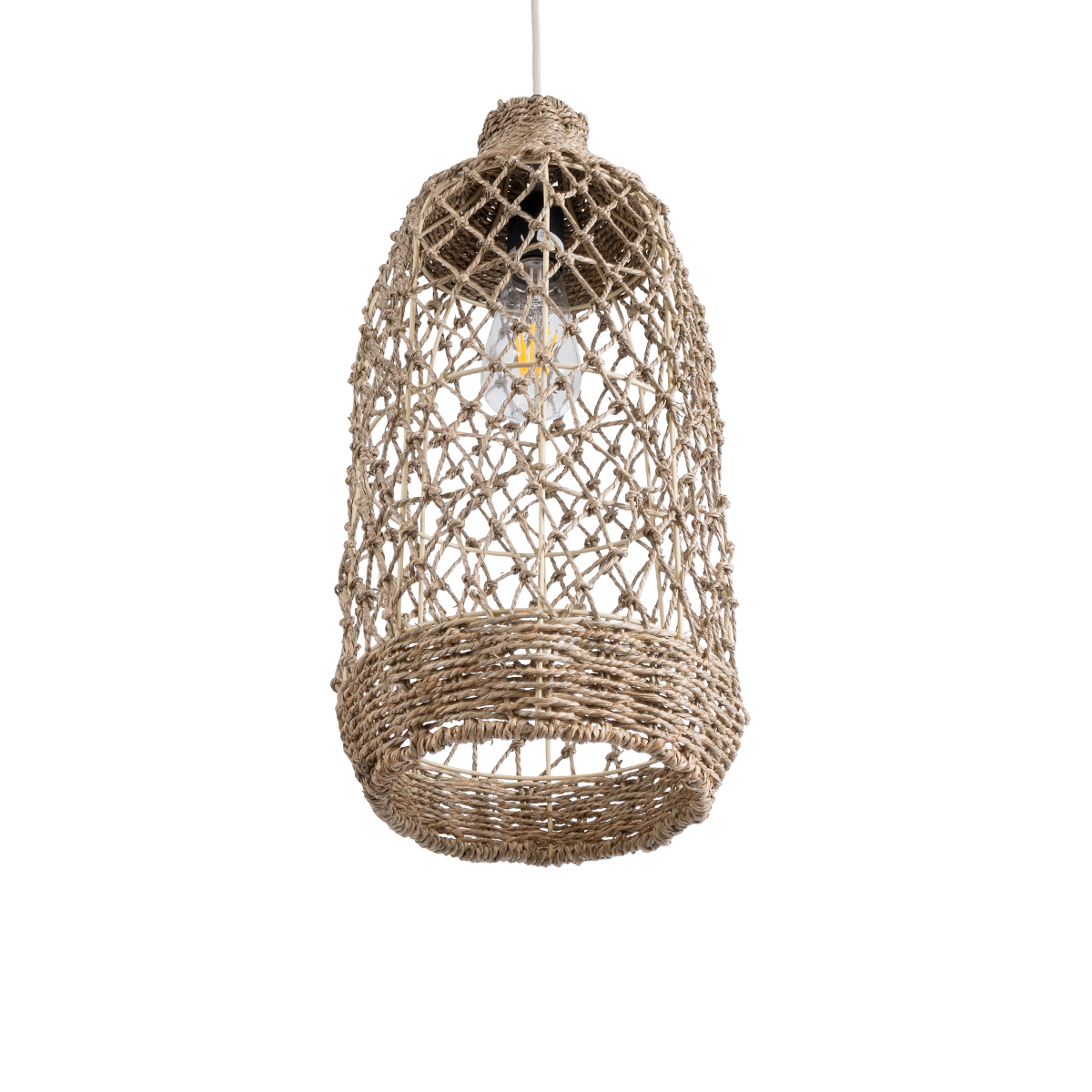 GloboStar® ECUADOR 02116 Boho Κρεμαστό Φωτιστικό Πλέγμα Μονόφωτο 1 x E27 IP20 Μπεζ Rattan - Μ23 x Π23 x Υ50cm