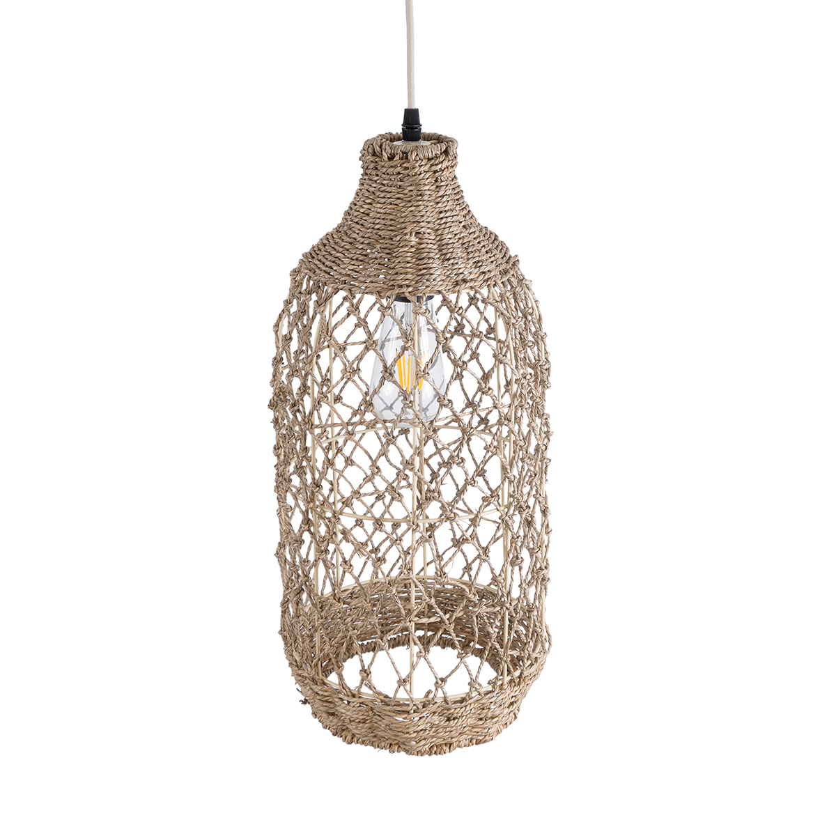 GloboStar® ECUADOR 02116 Boho Κρεμαστό Φωτιστικό Πλέγμα Μονόφωτο 1 x E27 IP20 Μπεζ Rattan - Μ23 x Π23 x Υ50cm