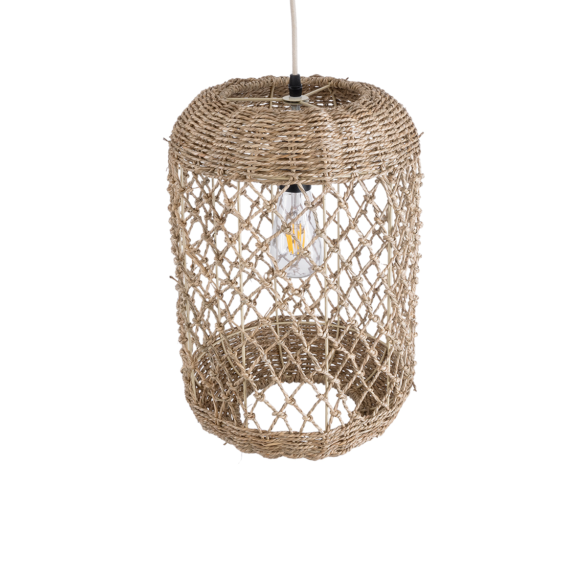 GloboStar® ECUADOR 02117 Boho Κρεμαστό Φωτιστικό Πλέγμα Μονόφωτο 1 x E27 IP20 Μπεζ Rattan - Μ28 x Π28 x Υ40cm