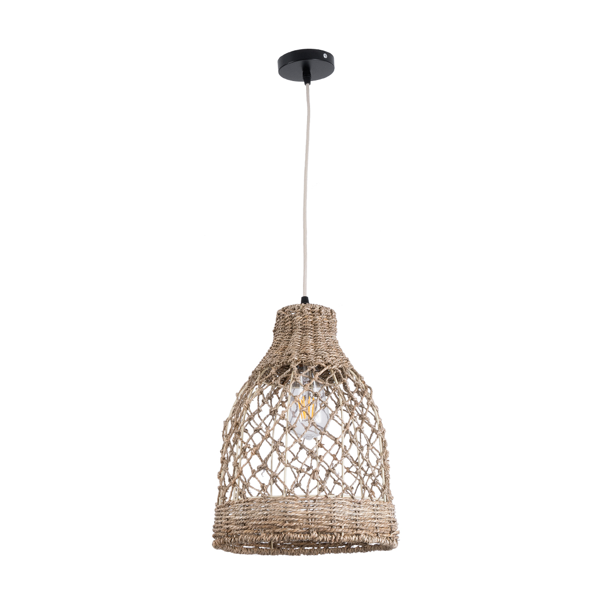 GloboStar® ECUADOR 02118 Boho Κρεμαστό Φωτιστικό Πλέγμα Μονόφωτο 1 x E27 IP20 Μπεζ Rattan - Μ25 x Π25 x Υ35cm
