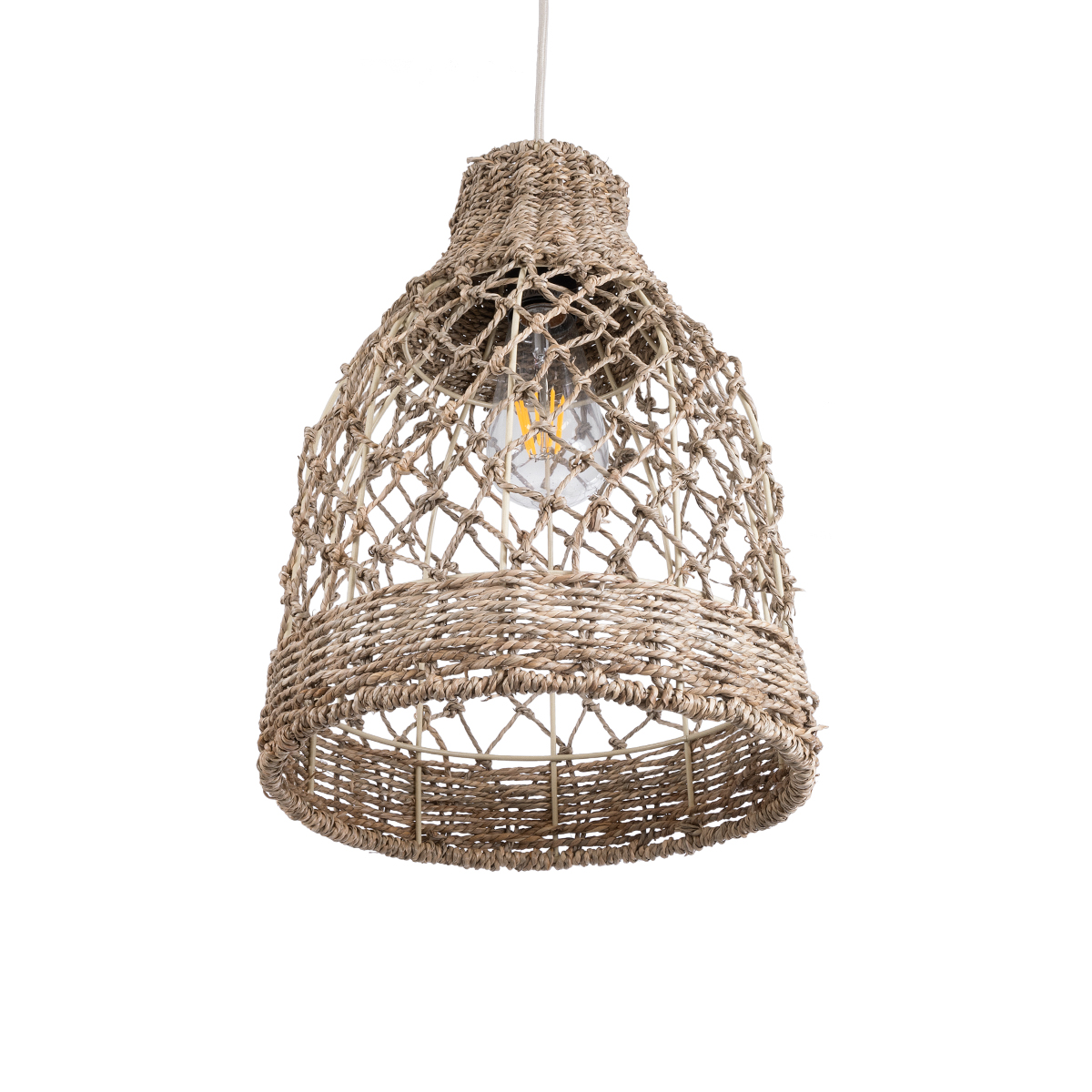 GloboStar® ECUADOR 02118 Boho Κρεμαστό Φωτιστικό Πλέγμα Μονόφωτο 1 x E27 IP20 Μπεζ Rattan - Μ25 x Π25 x Υ35cm