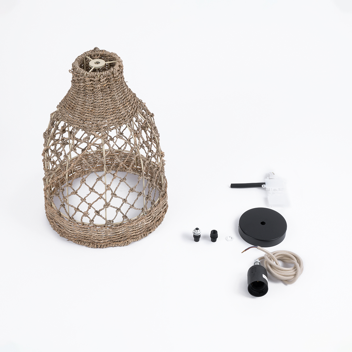 GloboStar® ECUADOR 02118 Boho Κρεμαστό Φωτιστικό Πλέγμα Μονόφωτο 1 x E27 IP20 Μπεζ Rattan - Μ25 x Π25 x Υ35cm