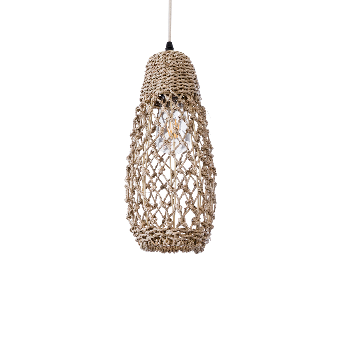 GloboStar® ECUADOR 02119 Boho Κρεμαστό Φωτιστικό Πλέγμα Μονόφωτο 1 x E27 IP20 Μπεζ Rattan - Μ15 x Π15 x Υ35cm