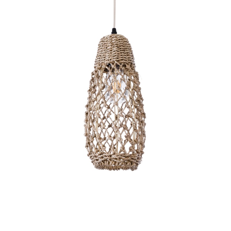 GloboStar® ECUADOR 02119 Boho Κρεμαστό Φωτιστικό Πλέγμα Μονόφωτο 1 x E27 IP20 Μπεζ Rattan - Μ15 x Π15 x Υ35cm