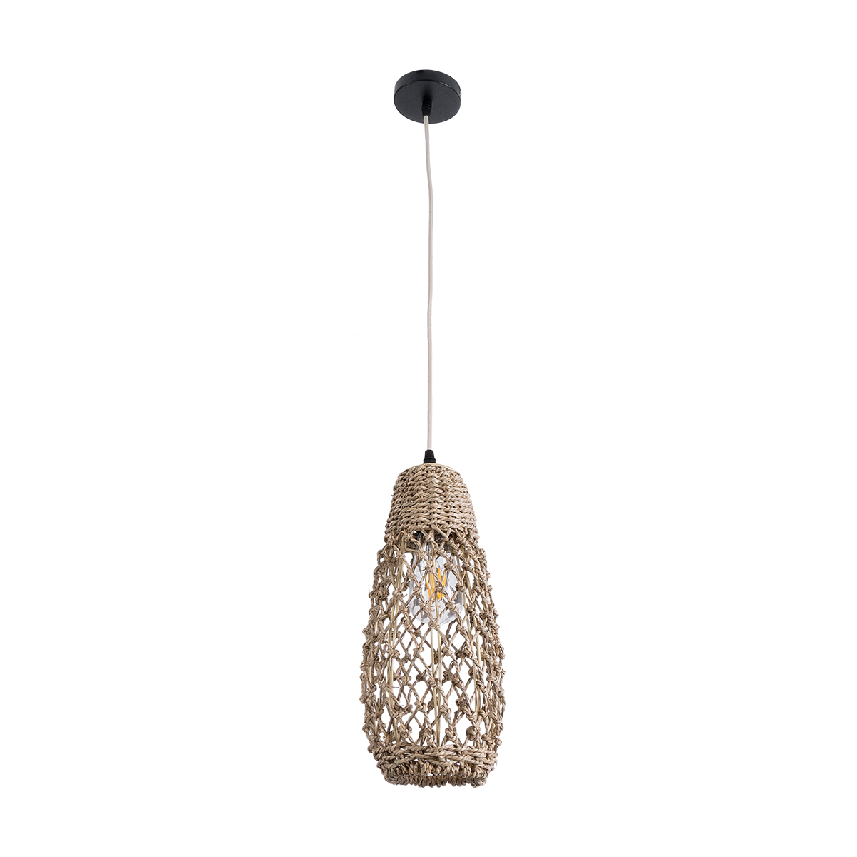 GloboStar® ECUADOR 02119 Boho Κρεμαστό Φωτιστικό Πλέγμα Μονόφωτο 1 x E27 IP20 Μπεζ Rattan - Μ15 x Π15 x Υ35cm