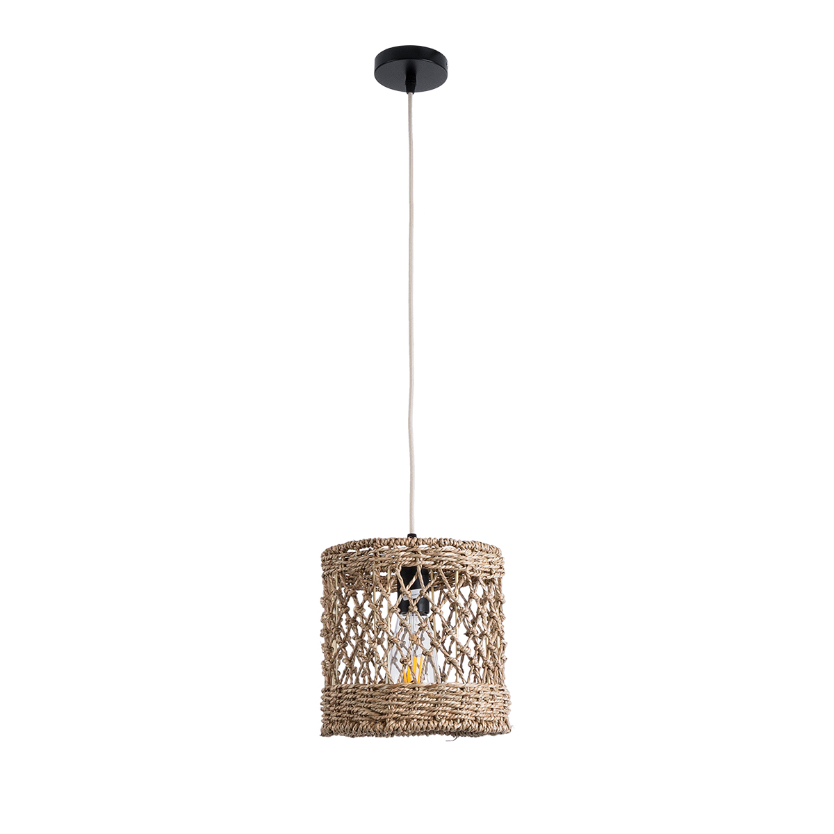 GloboStar® ECUADOR 02120 Boho Κρεμαστό Φωτιστικό Πλέγμα Μονόφωτο 1 x E27 IP20 Μπεζ Rattan - Μ20 x Π20 x Υ20cm