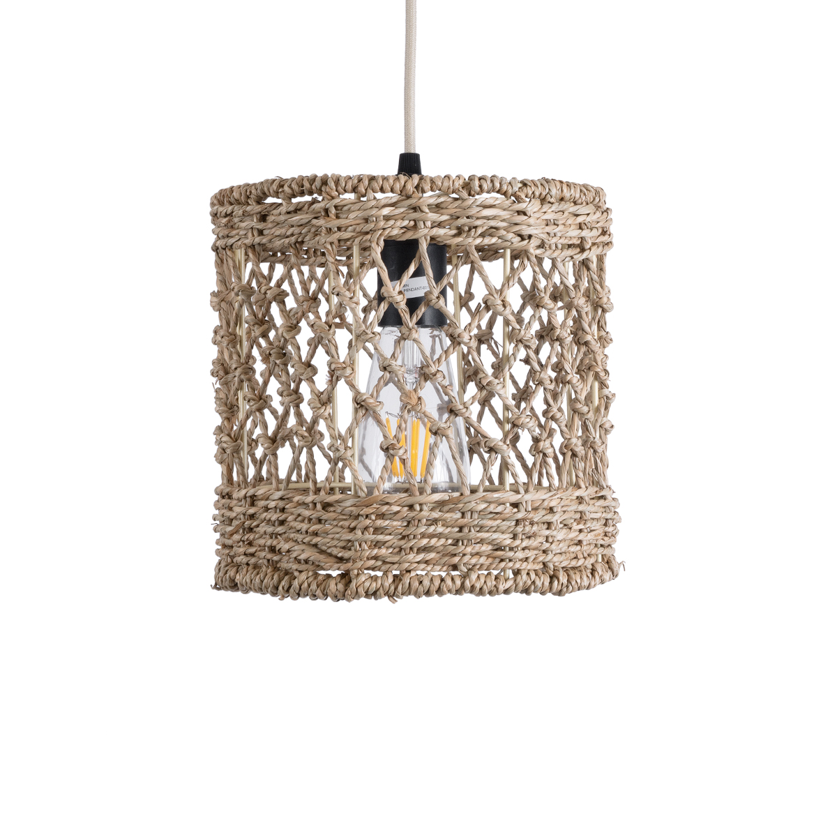 GloboStar® ECUADOR 02120 Boho Κρεμαστό Φωτιστικό Πλέγμα Μονόφωτο 1 x E27 IP20 Μπεζ Rattan - Μ20 x Π20 x Υ20cm