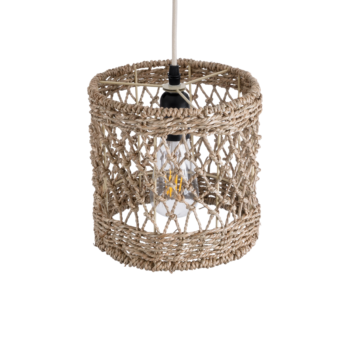 GloboStar® ECUADOR 02120 Boho Κρεμαστό Φωτιστικό Πλέγμα Μονόφωτο 1 x E27 IP20 Μπεζ Rattan - Μ20 x Π20 x Υ20cm