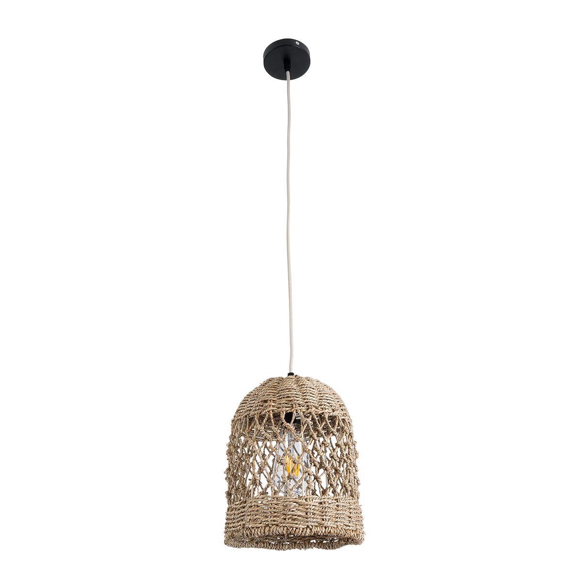 GloboStar® ECUADOR 02121 Boho Κρεμαστό Φωτιστικό Πλέγμα Μονόφωτο 1 x E27 IP20 Μπεζ Rattan - Μ20 x Π20 x Υ25cm