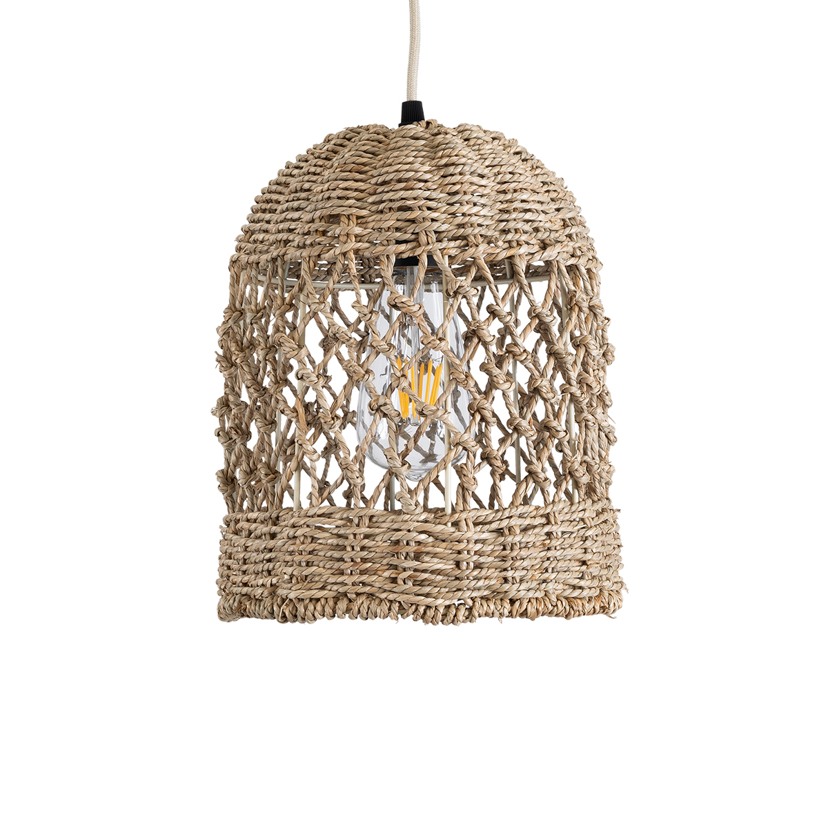 GloboStar® ECUADOR 02121 Boho Κρεμαστό Φωτιστικό Πλέγμα Μονόφωτο 1 x E27 IP20 Μπεζ Rattan - Μ20 x Π20 x Υ25cm