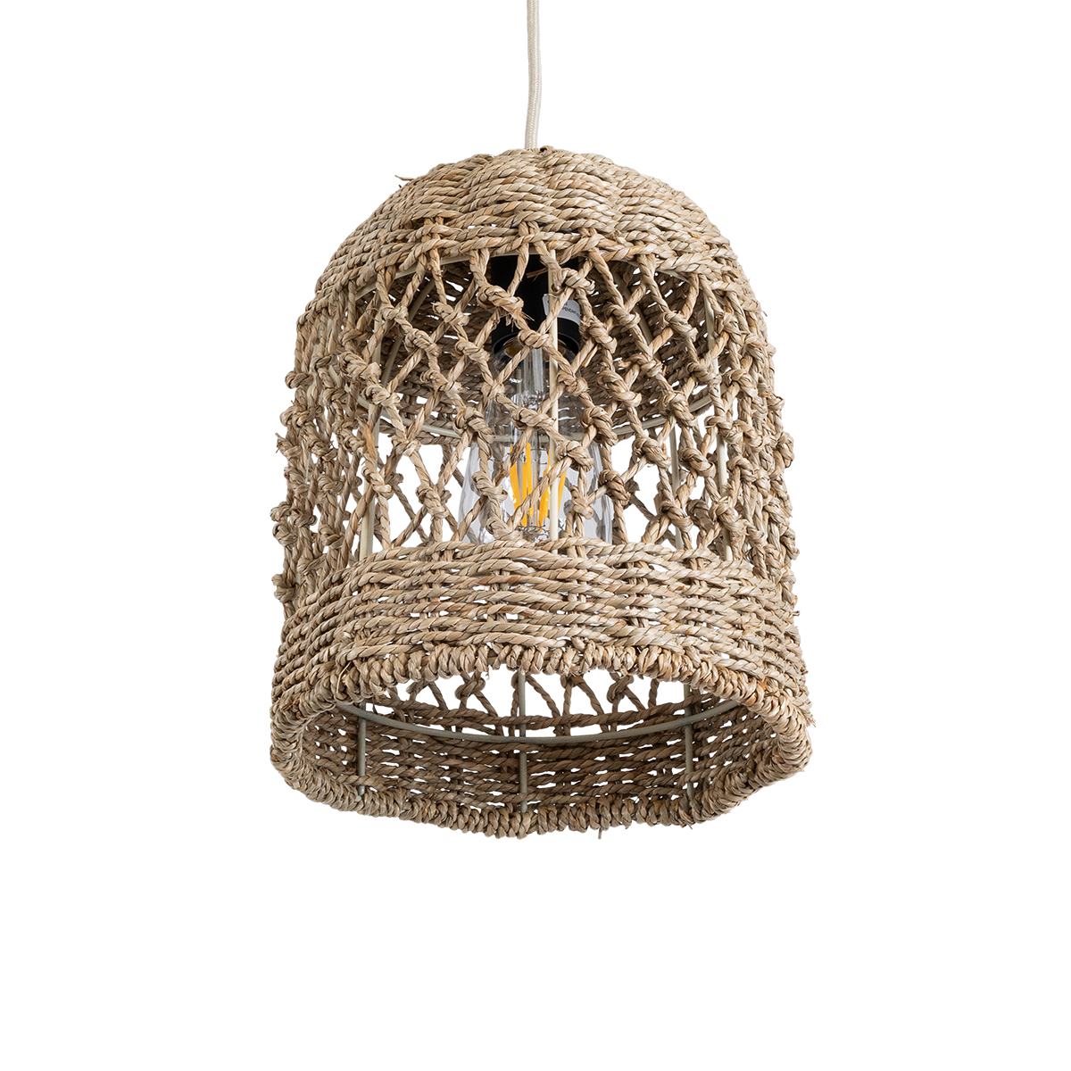 GloboStar® ECUADOR 02121 Boho Κρεμαστό Φωτιστικό Πλέγμα Μονόφωτο 1 x E27 IP20 Μπεζ Rattan - Μ20 x Π20 x Υ25cm