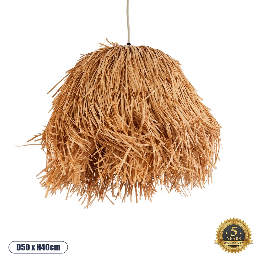 GloboStar® GUADELOUPE 02154 Boho Κρεμαστό Φωτιστικό Καμπάνα  Μονόφωτο 1 x E27 IP20 Καφέ Ράφια - Μ50 x Π50 x Υ40cm