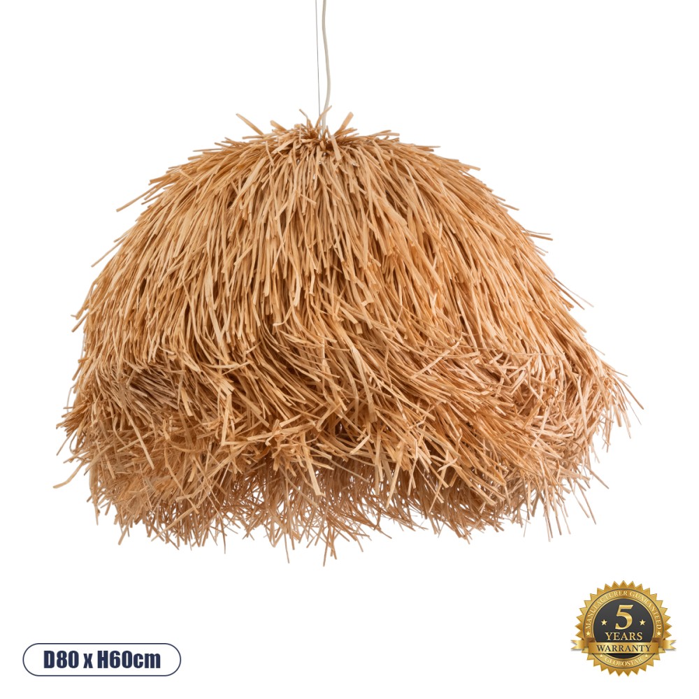 GloboStar® GUADELOUPE 02155 Boho Κρεμαστό Φωτιστικό Καμπάνα Μονόφωτο 1 x E27 IP20 Καφέ Ράφια - Μ80 x Π80 x Υ60cm