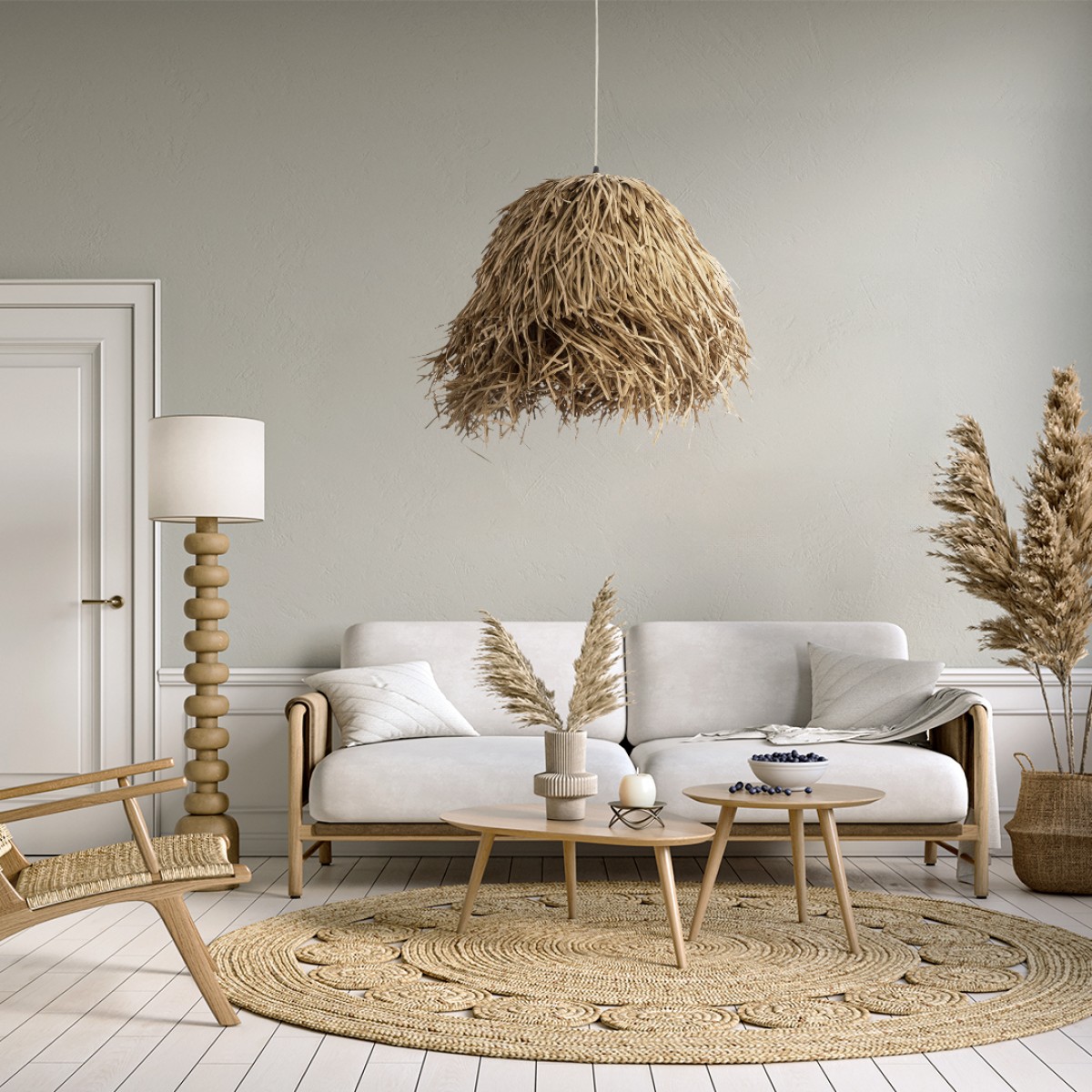 GloboStar® GUADELOUPE 02157 Boho Κρεμαστό Φωτιστικό Πλέγμα Μονόφωτο 1 x E27 IP20 Μπεζ Ράφια - Μ50 x Π50 x Υ40cm