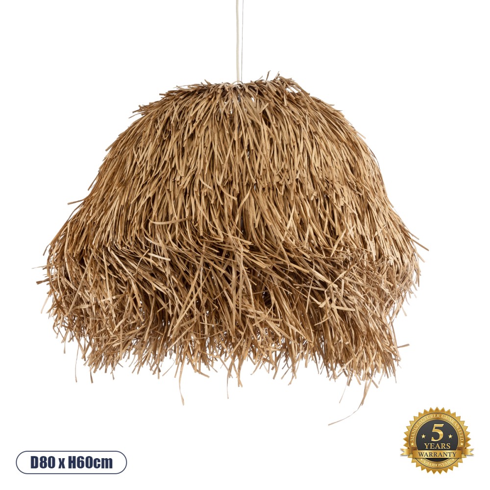 GloboStar® GUADELOUPE 02158 Boho Κρεμαστό Φωτιστικό Καμπάνα Μονόφωτο 1 x E27 IP20 Μπεζ Ράφια - Μ80 x Π80 x Υ60cm