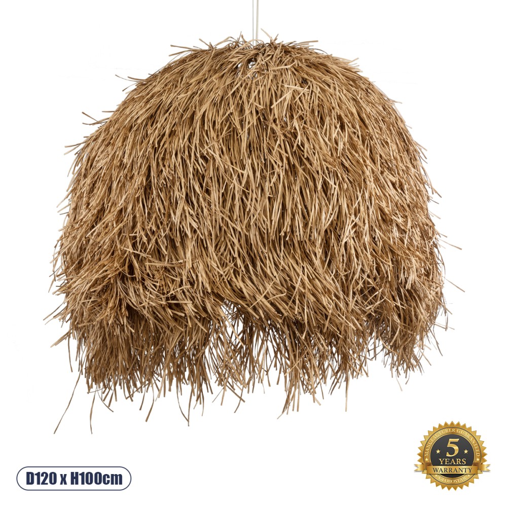 GloboStar® GUADELOUPE 02159 Boho Κρεμαστό Φωτιστικό Καμπάνα Μονόφωτο 1 x E27 IP20 Μπεζ Ράφια - Μ120 x Π120 x Υ100cm