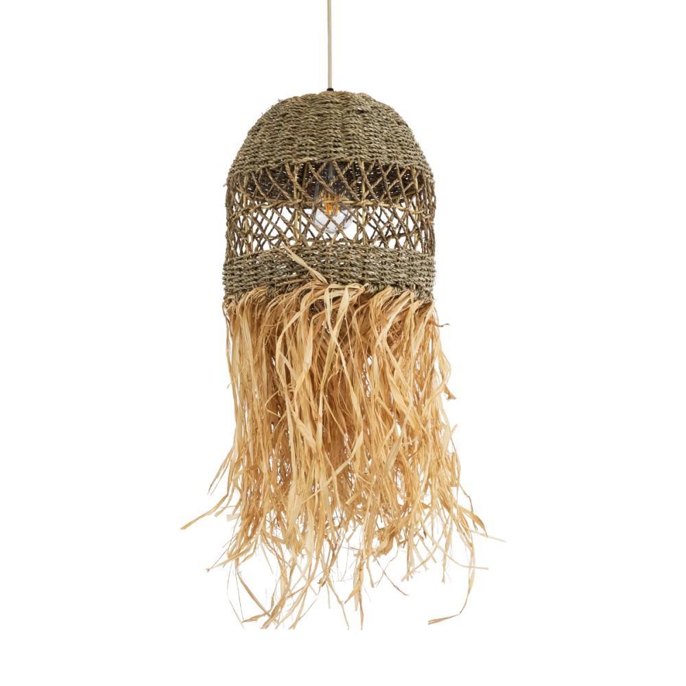 GloboStar® SAINTLUCIA 02160 Boho Κρεμαστό Φωτιστικό Πλέγμα Μονόφωτο 1 x E27 IP20 Μπεζ & Καφέ Raffia - Μ30 x Π30 x Υ90cm