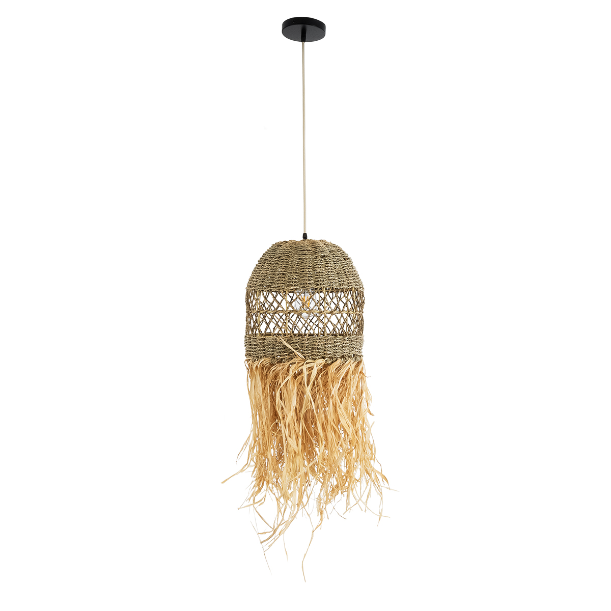GloboStar® SAINTLUCIA 02160 Boho Κρεμαστό Φωτιστικό Πλέγμα Μονόφωτο 1 x E27 IP20 Καφέ Ράφια - Μ30 x Π30 x Υ90cm