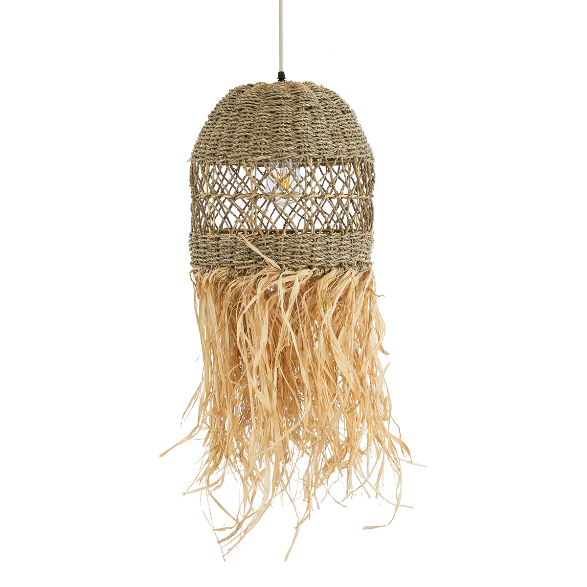 GloboStar® SAINTLUCIA 02160 Boho Κρεμαστό Φωτιστικό Πλέγμα Μονόφωτο 1 x E27 IP20 Καφέ Ράφια - Μ30 x Π30 x Υ90cm