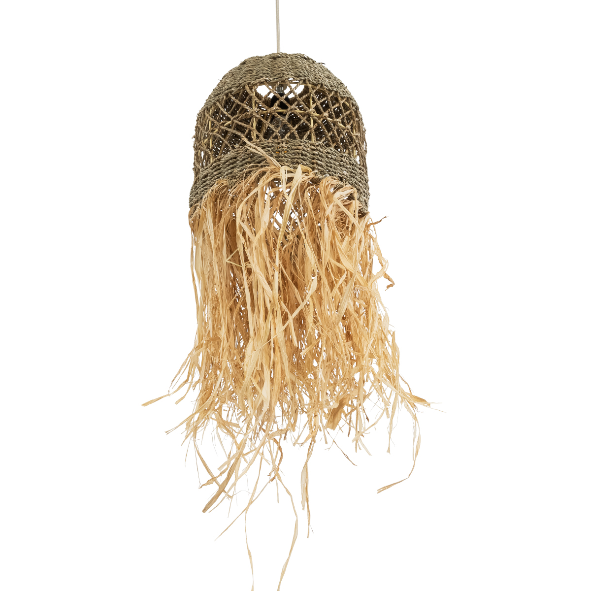 GloboStar® SAINTLUCIA 02160 Boho Κρεμαστό Φωτιστικό Πλέγμα Μονόφωτο 1 x E27 IP20 Καφέ Ράφια - Μ30 x Π30 x Υ90cm