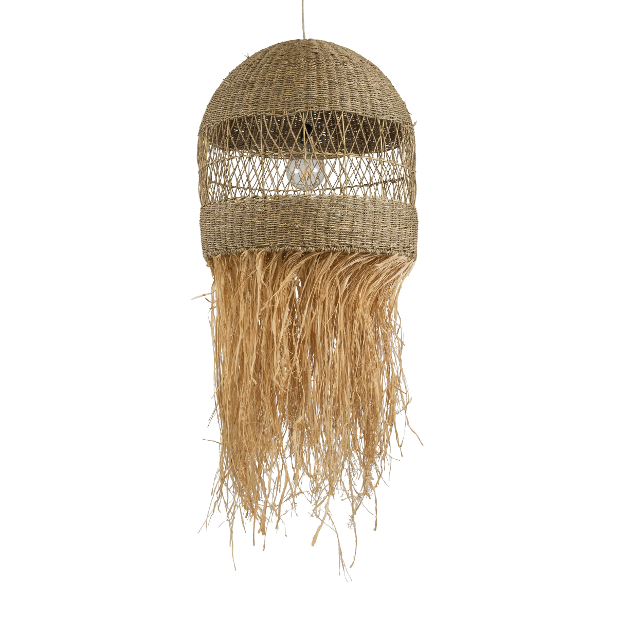 GloboStar® SAINTLUCIA 02161 Boho Κρεμαστό Φωτιστικό Πλεγμα Μονόφωτο 1 x E27 IP20 Μπεζ Ράφια - Μ66 x Π66 x Υ120cm