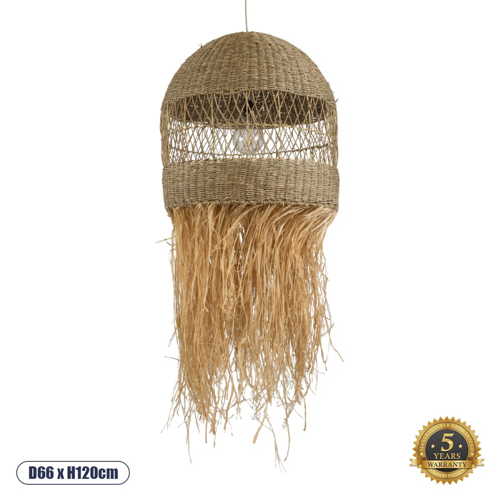 GloboStar® SAINTLUCIA 02161 Boho Κρεμαστό Φωτιστικό Πλεγμα Μονόφωτο 1 x E27 IP20 Μπεζ Raffia - Μ66 x Π66 x Υ120cm